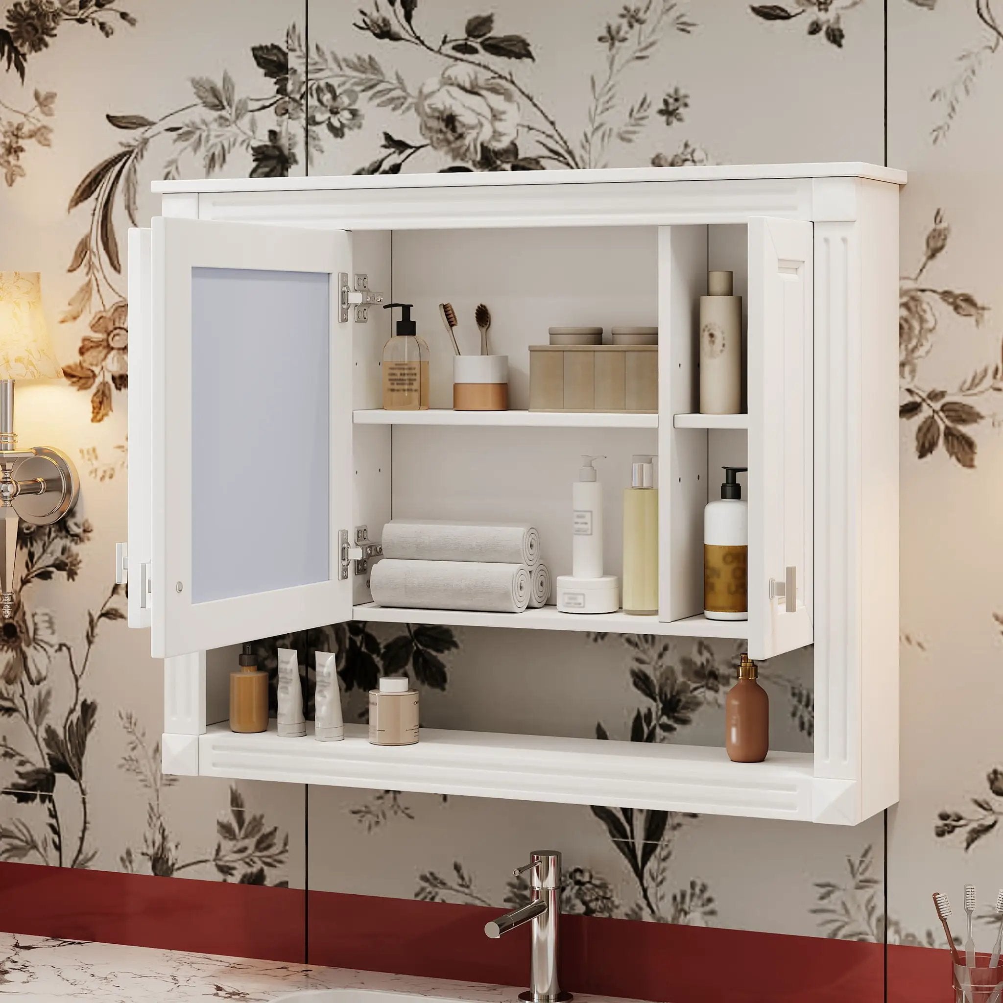 Wall-Mounted Bathroom Cabinet With Mirror And Open Shelf - White by Unique Piece Furniture