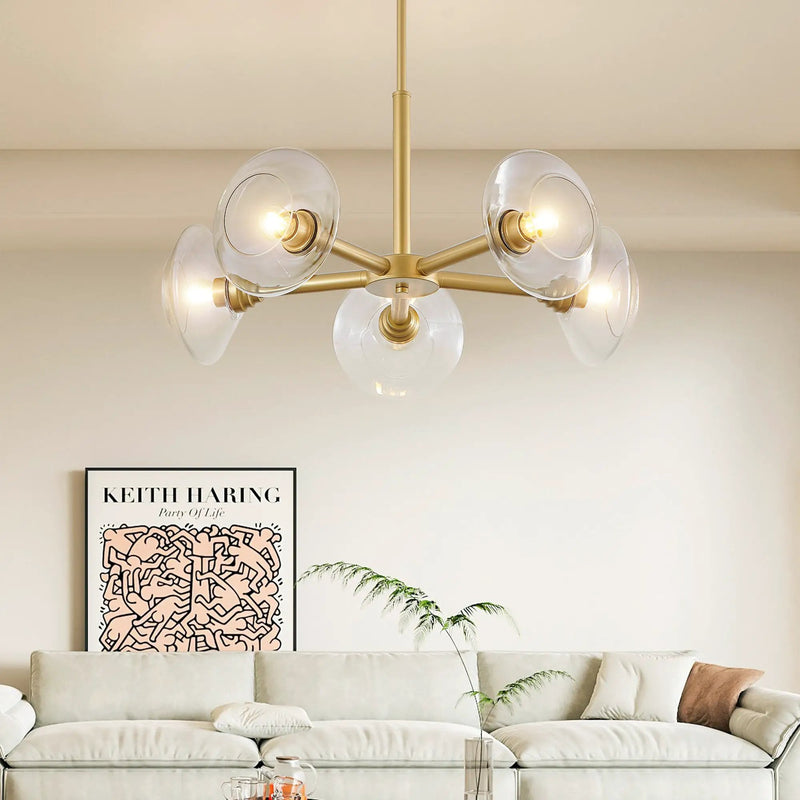 26" Modern Gold 5-Light Sputnik Chandelier with Clear Glass Shades by HouseOfZazla