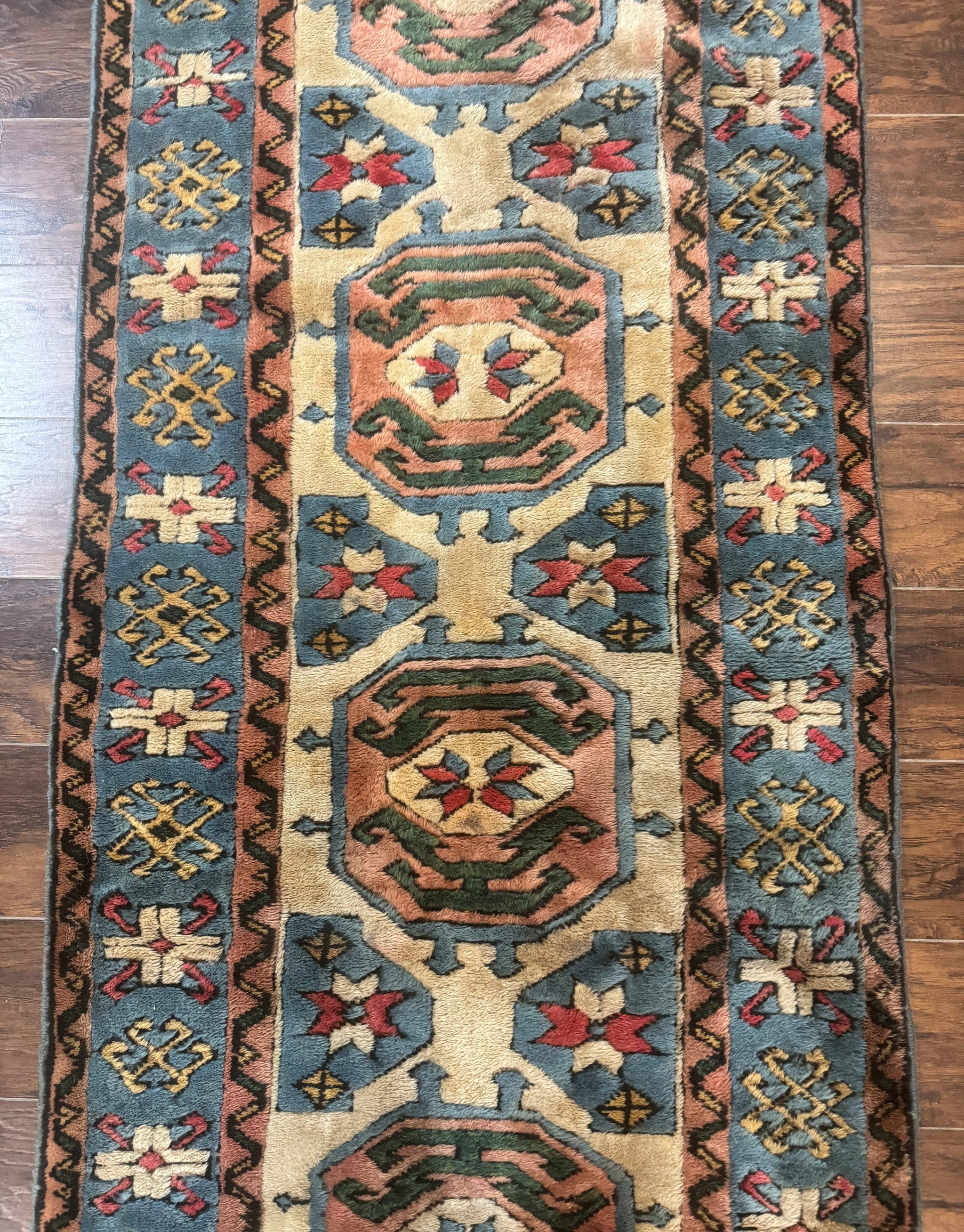 Turkish Kazak Runner Rug 3x11, Cream and Light Blue, Vintage by Jewel Rugs