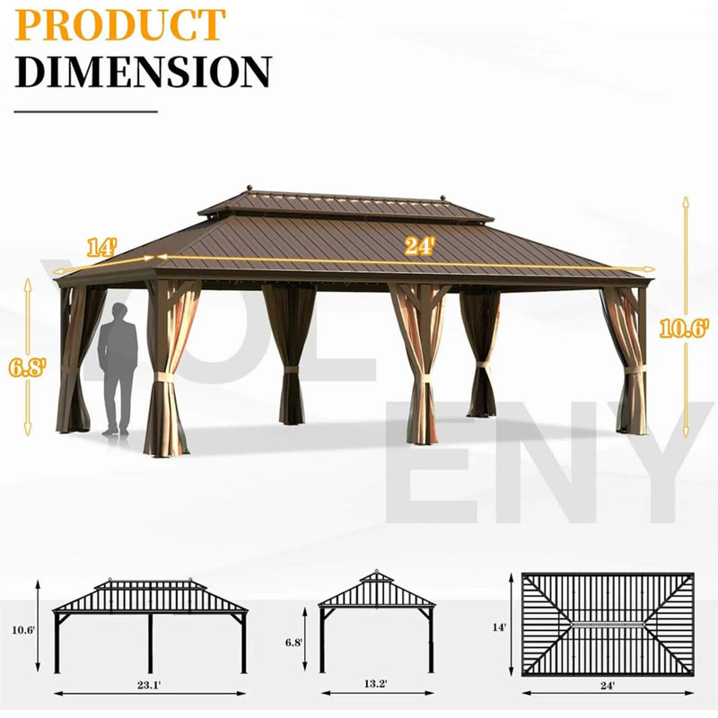 [14X24FT] Alora Heavy-Duty Aluminum Galvanized Steel Double Roof Hardtop Gazebo With Netting And Curtains (SAK41853) by SAKSBY WHOLESALE