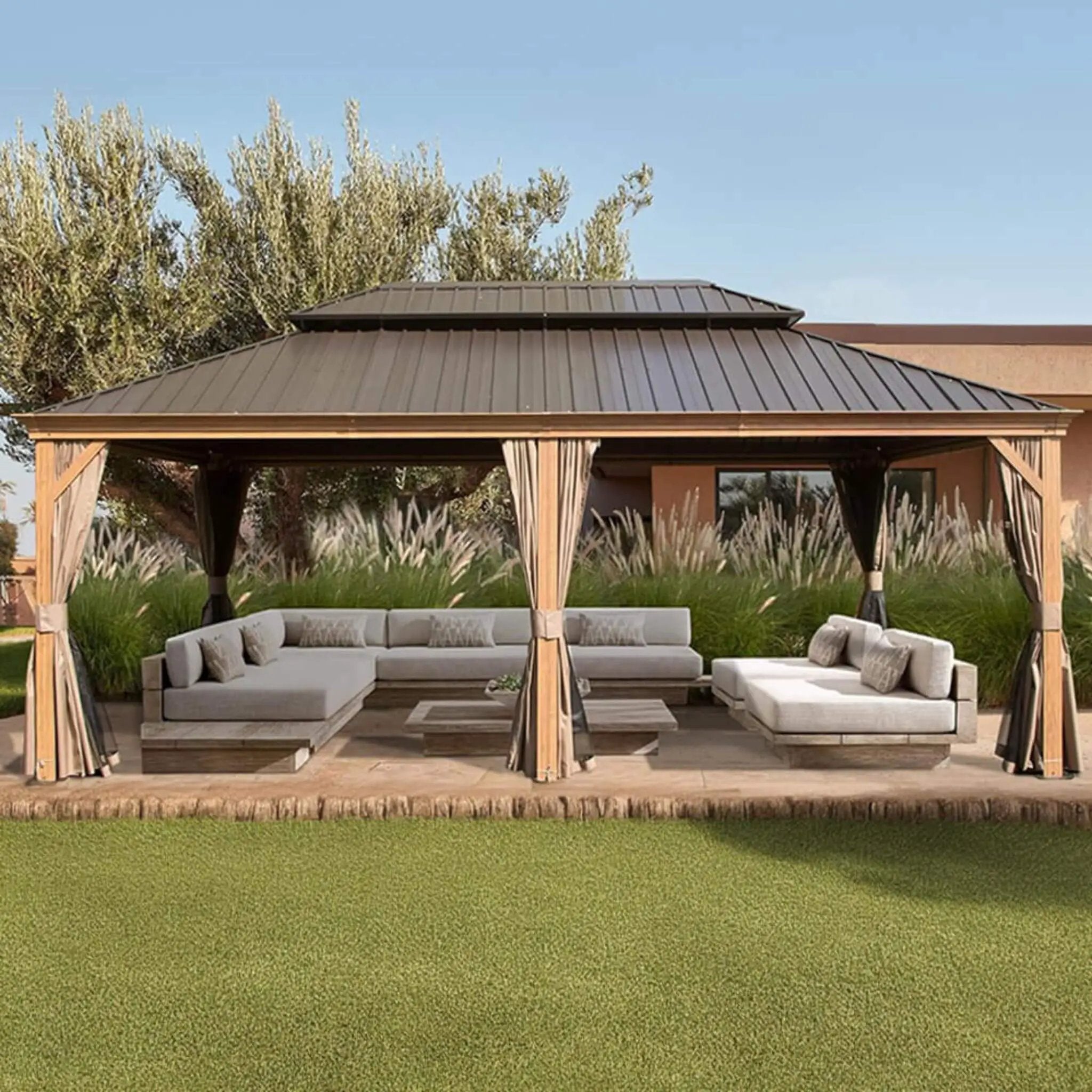 [14X24FT] Alora Heavy-Duty Aluminum Galvanized Steel Double Roof Hardtop Gazebo With Netting And Curtains (SAK41853) by SAKSBY WHOLESALE