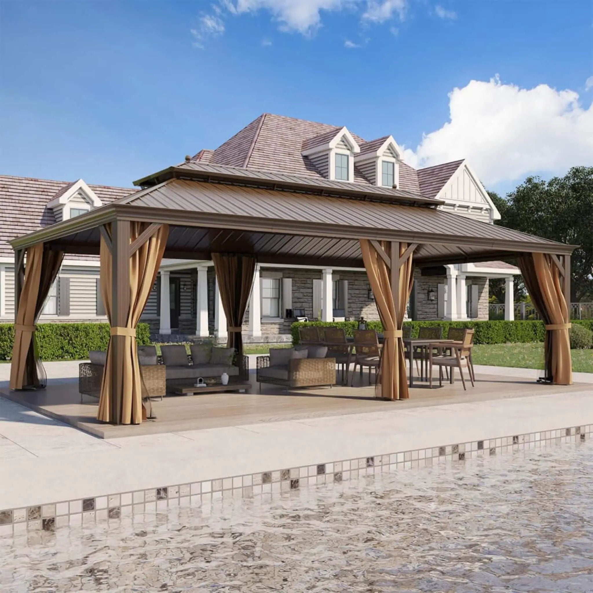 [14X24FT] Alora Heavy-Duty Aluminum Galvanized Steel Double Roof Hardtop Gazebo With Netting And Curtains (SAK41853) by SAKSBY WHOLESALE
