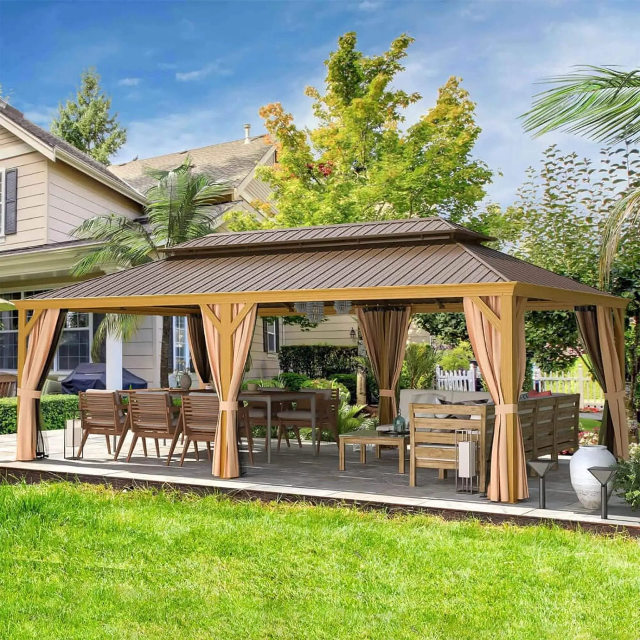 [14X24FT] Alora Heavy-Duty Aluminum Galvanized Steel Double Roof Hardtop Gazebo With Netting And Curtains (SAK41853) by SAKSBY WHOLESALE