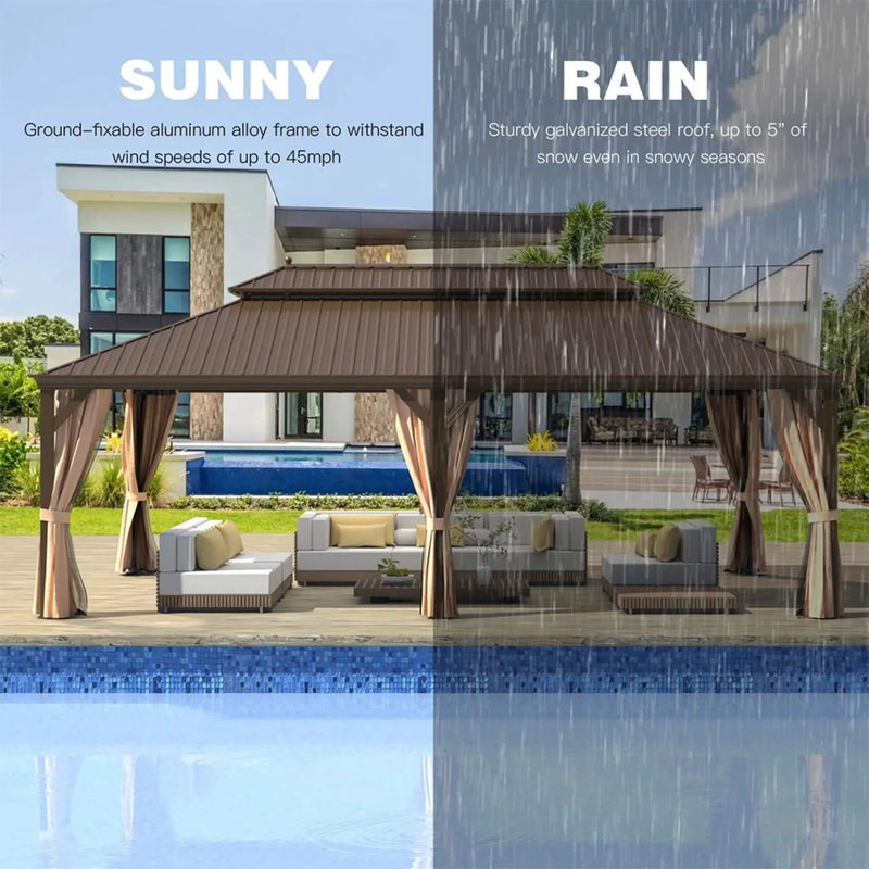 [14X24FT] Alora Heavy-Duty Aluminum Galvanized Steel Double Roof Hardtop Gazebo With Netting And Curtains (SAK41853) by SAKSBY WHOLESALE