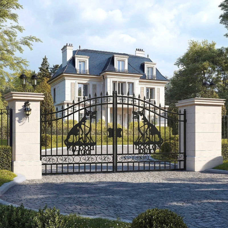 14x7 ft Steel Dual Swing Driveway Gate with Dog Pattern by Chery Industrial