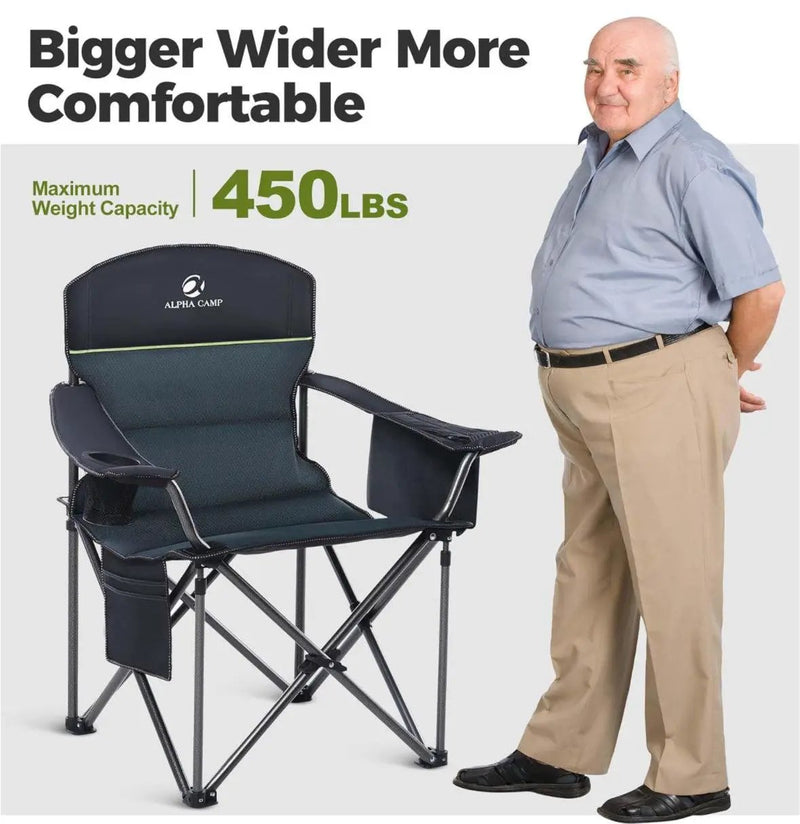 ALPHA CAMP Oversized Heavy Duty Lawn Chair with Cooler Bag Support 450 LBS Steel Frame Camping Folding Collapsible Padded Quad Lumbar Back Arm Chair f by Selzalot
