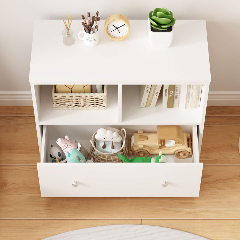 Toy Storage Organizer With Large Drawer And Low Bookshelf For Nursery & Playroom - White by Unique Piece Furniture