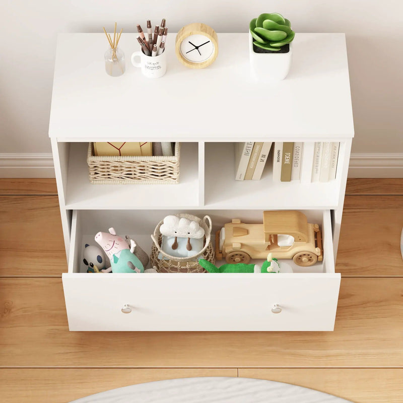 Toy Storage Organizer With Large Drawer And Low Bookshelf For Nursery & Playroom - White by HouseOfZazla
