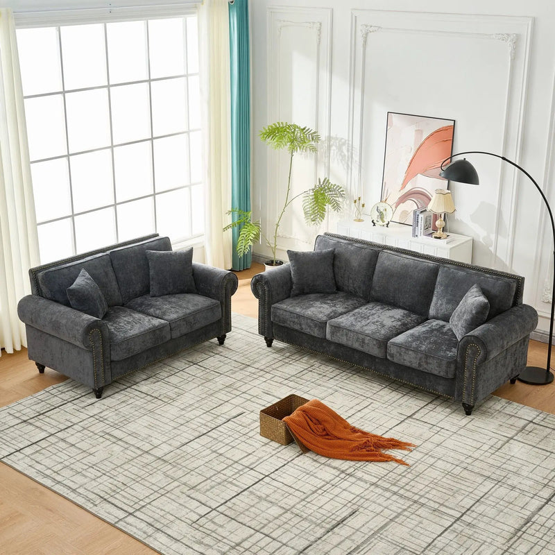 Modern 3 And 2 Seater Sofa With Rolled Arms, Tufted Upholstered Couch by Unique Piece Furniture