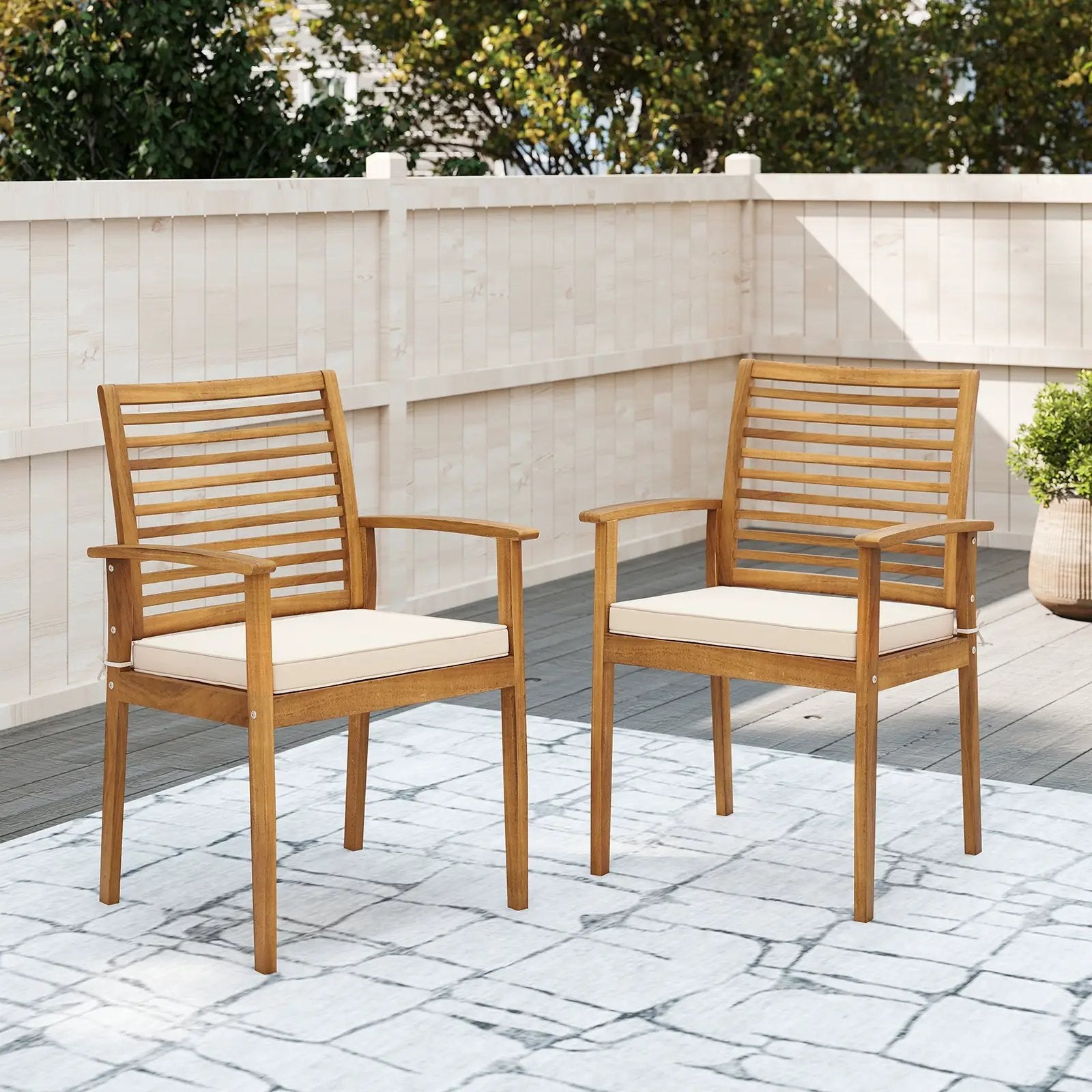 Outdoor Patio Dining Chairs Set of 2 with Removable Padded Cushion and Slatted Backrest-Beige by DirectDeals