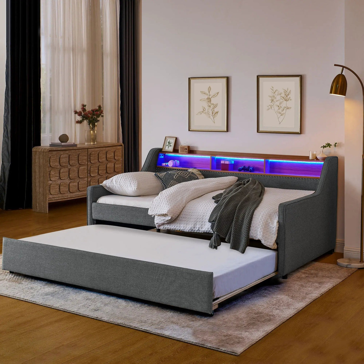 Upholstered Sofa Bed With LED Lights, Storage Headboard, Foldable Trundle & Wireless Charging by HouseOfZazla