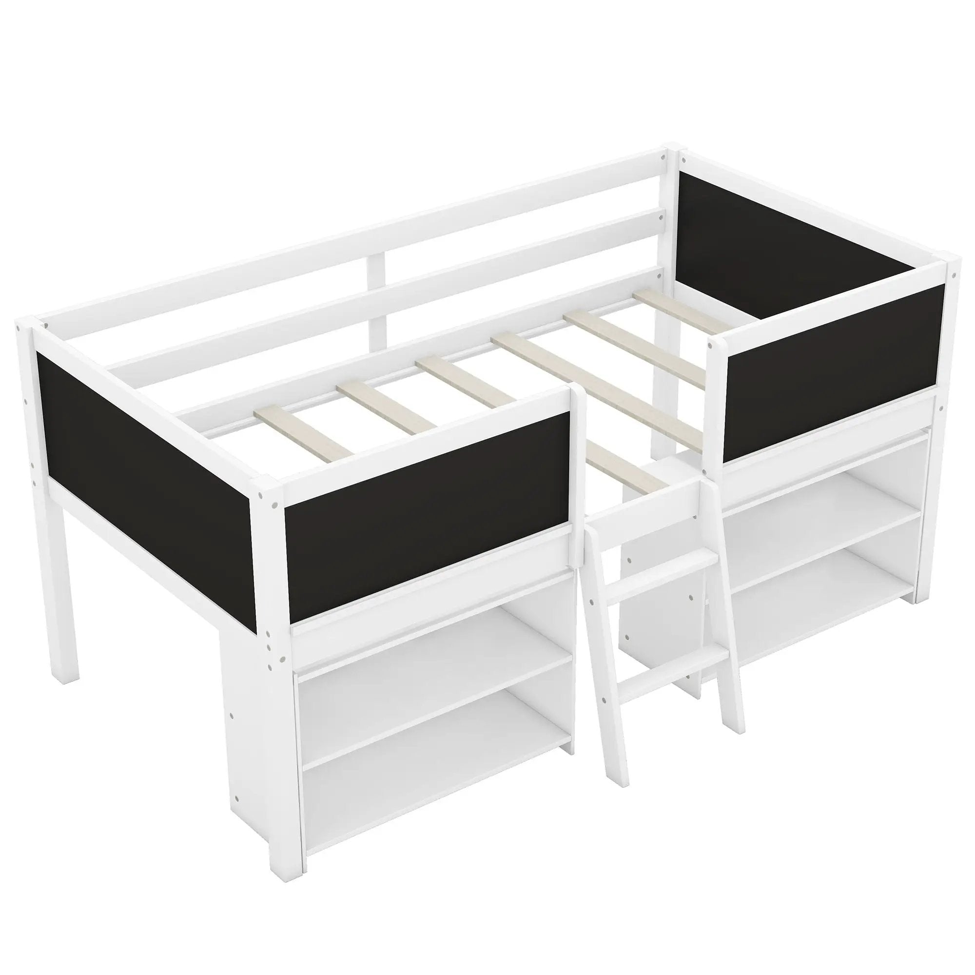 Low Loft Bed With Movable Shelves And Ladder, Decorative Chalkboard Guardrail