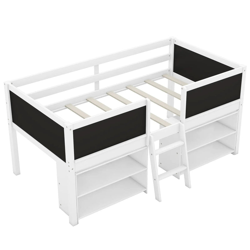 Low Loft Bed With Movable Shelves And Ladder, Decorative Chalkboard Guardrail