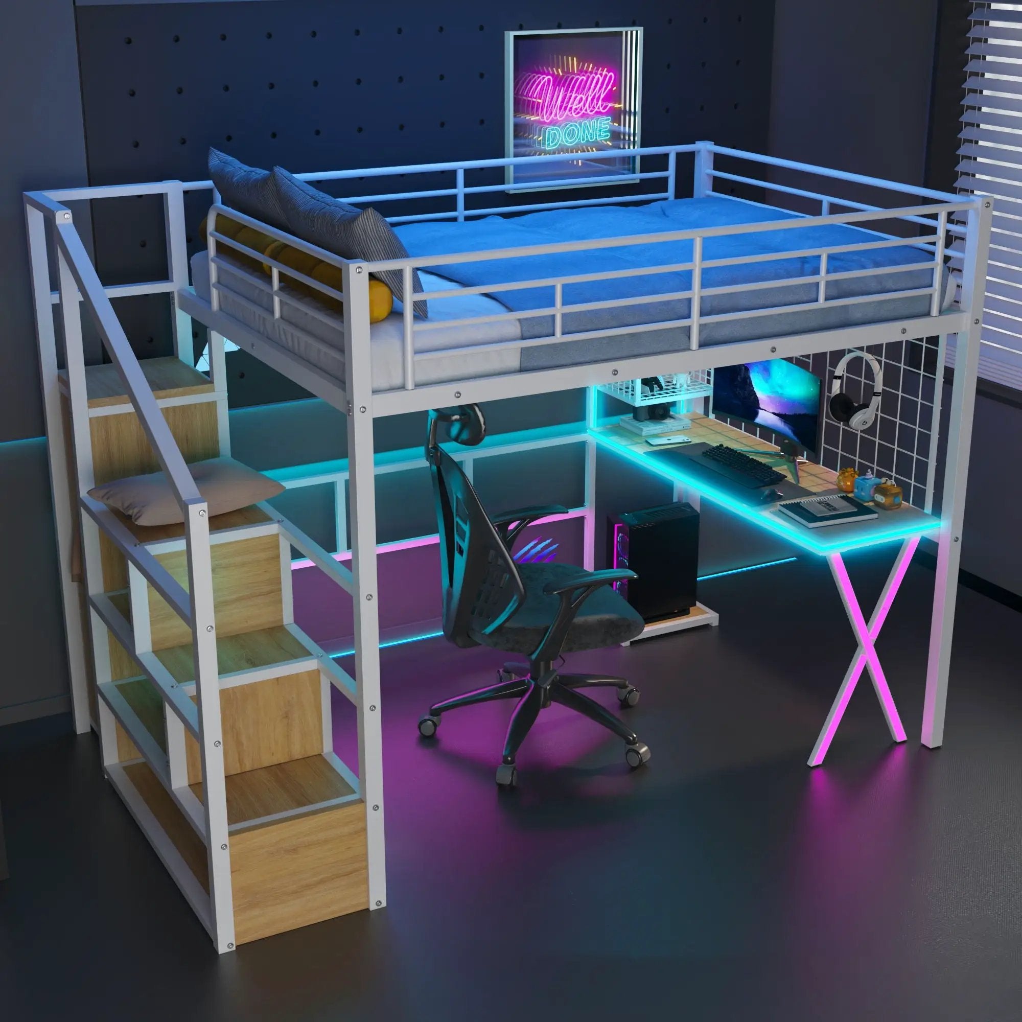 Loft Bed With Built In Work Station, Wardrobe, Storage Staircase And LED by Unique Piece Furniture