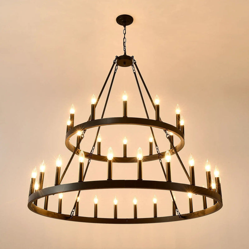 2 Tiers Wagon Wheel Chandelier Wooden Farmhouse 36 Light (24 / 12) Or (12 / 24) Metal Chandeliers 2 Story Light Fixtures Industrial For High Ceiling Living Dining Room Foyer, Adjustable Height - Black by HouseOfZazla