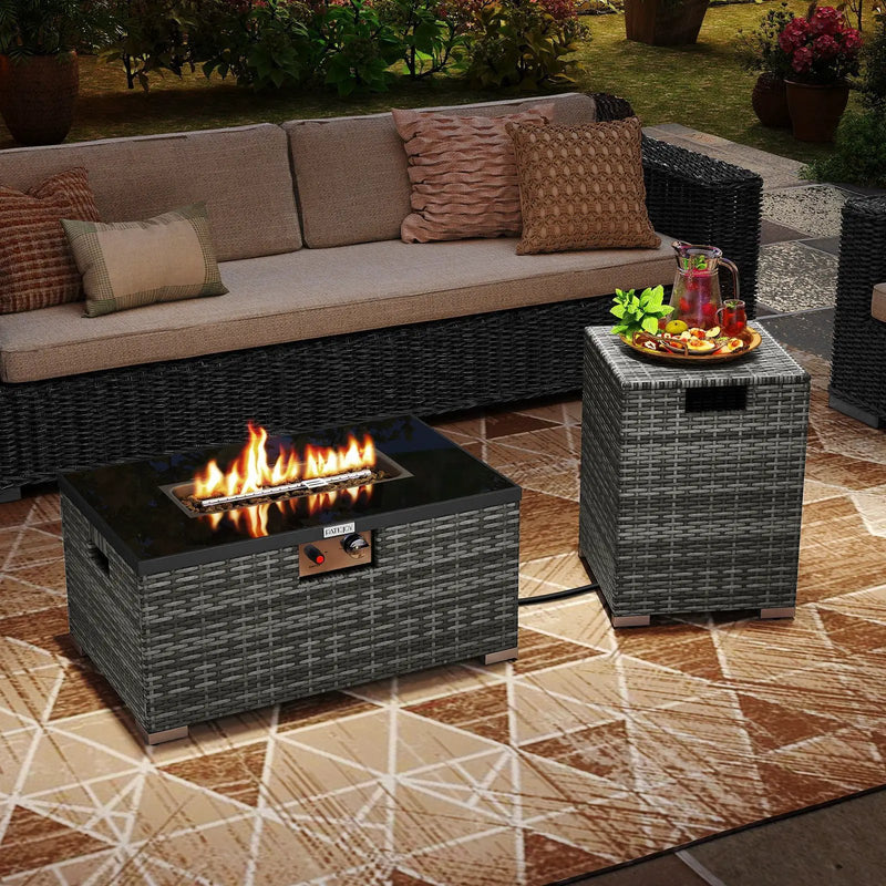2-Piece Outdoor Rattan Fire Table Set 32 Inch Rectangle Gas Firepit with Tank Cover by DirectDeals