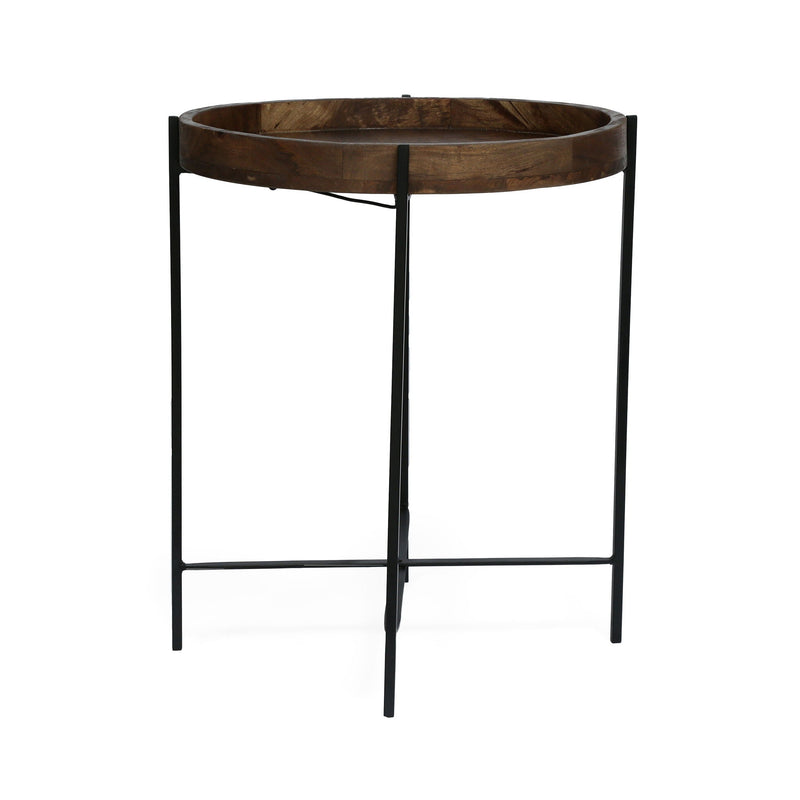 Modern Industrial Round End Table with Tray Top and Foldable Iron Legs - Natural by HouseOfZazla