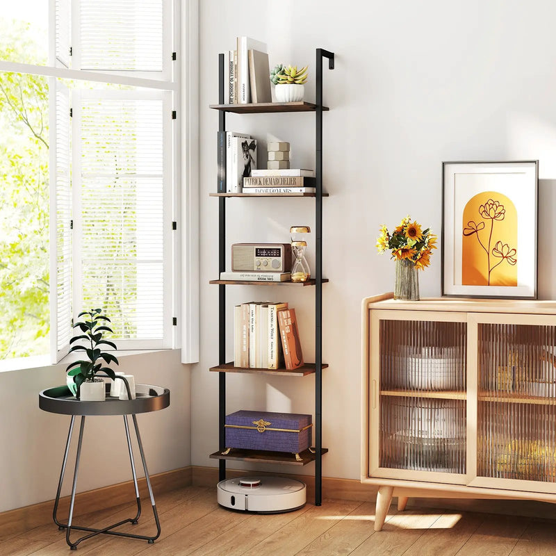 5 Tier Wall Mount Ladder Shelf with Anti-Tipping Kits for Home Office-Rustic Brown by DirectDeals