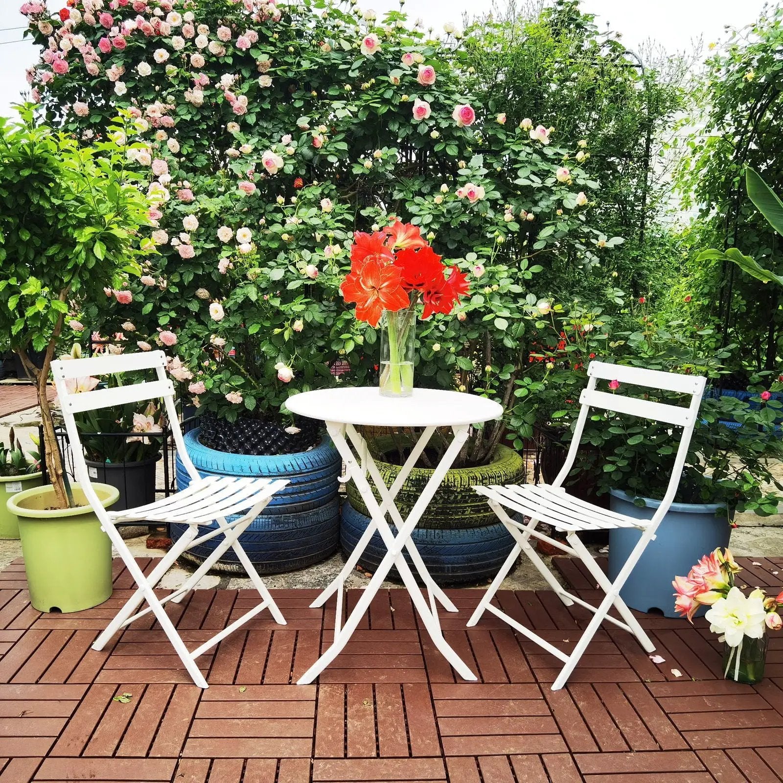 3 Piece Patio Bistro Set Of Foldable Round Table And Chairs by HouseOfZazla