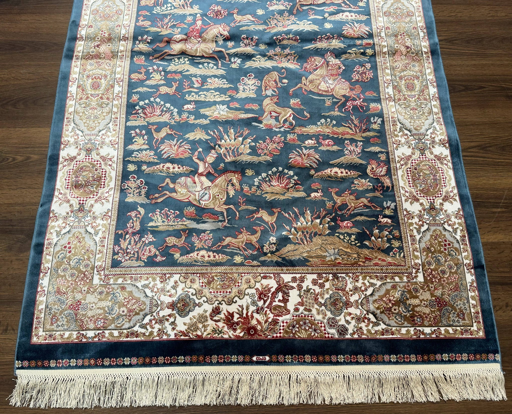 Turkish Silk Hunting Design Rug 4x6, Dark Steel Blue & Ivory, Bamboo Silk, New by Jewel Rugs