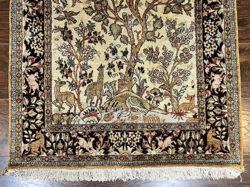 Silk Tree of Life Persian Qum Rug 3x4, Hand Knotted Vintage Carpet, Cream & Black, Very Fine Oriental Rug, Animal Pictorials, Birds by Jewel Rugs