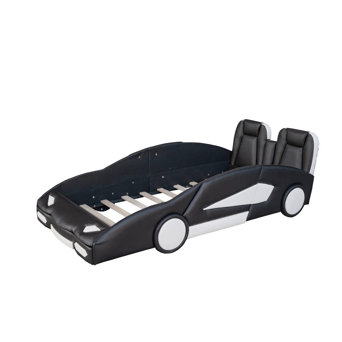 Race Car Shaped Twin Platform Bed With Wheels, Pine Wood Construction by Unique Piece Furniture