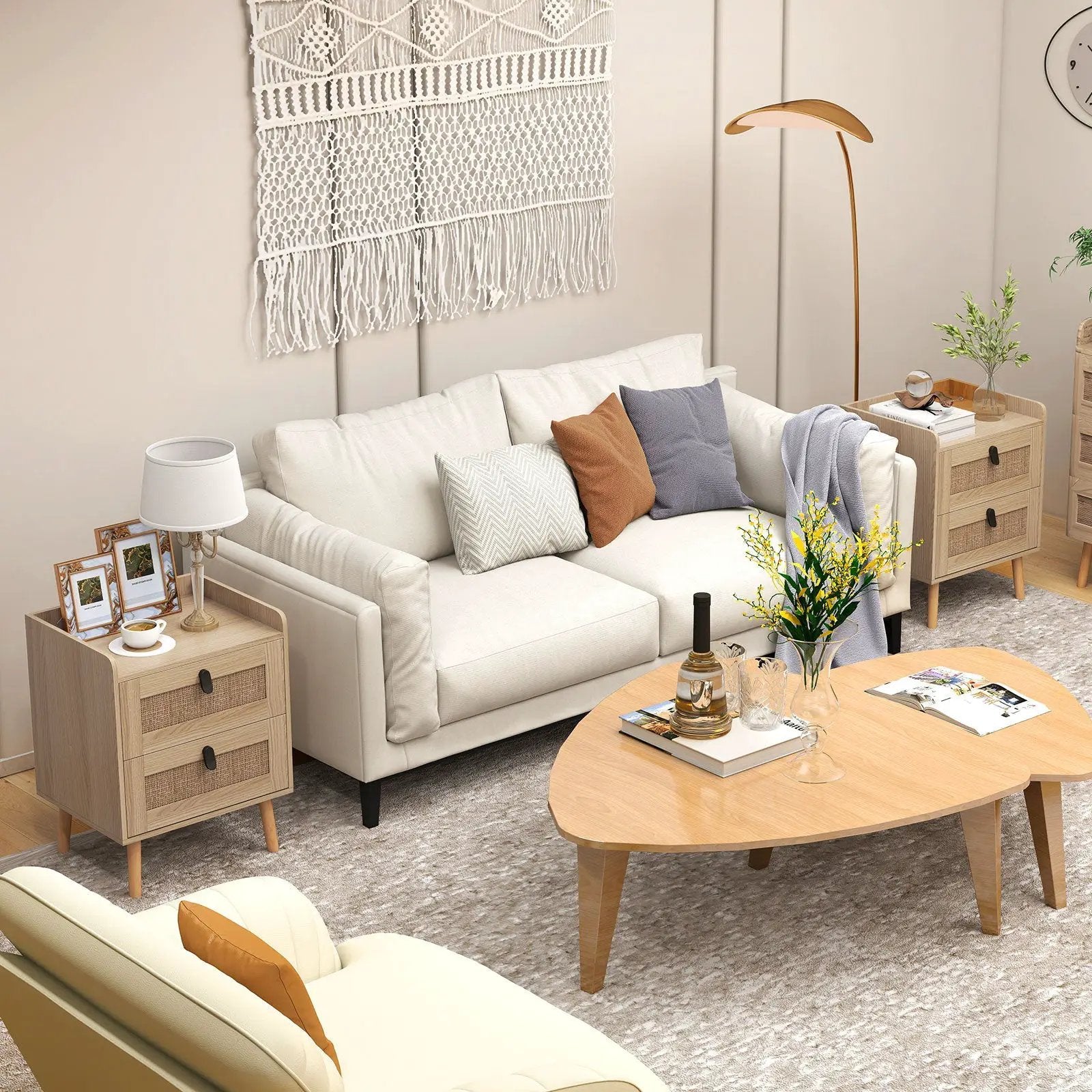 Modern End Table Bedside Table with 2 Rattan Decorated Drawers by DirectDeals