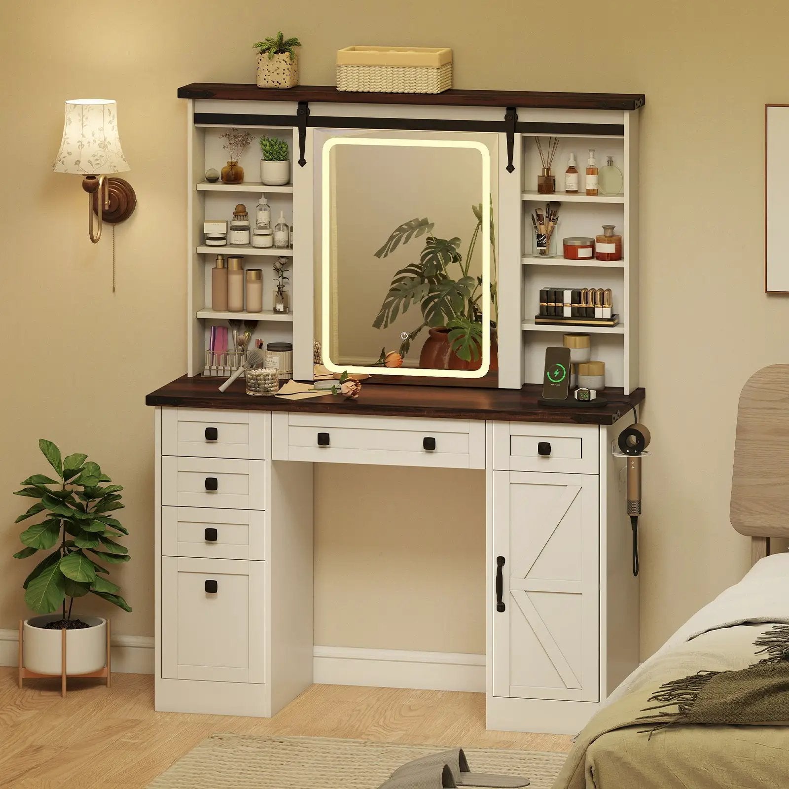 Farmhouse Vanity Desk with Barn-Style Sliding Mirror and 3 Lighting Modes-White by DirectDeals