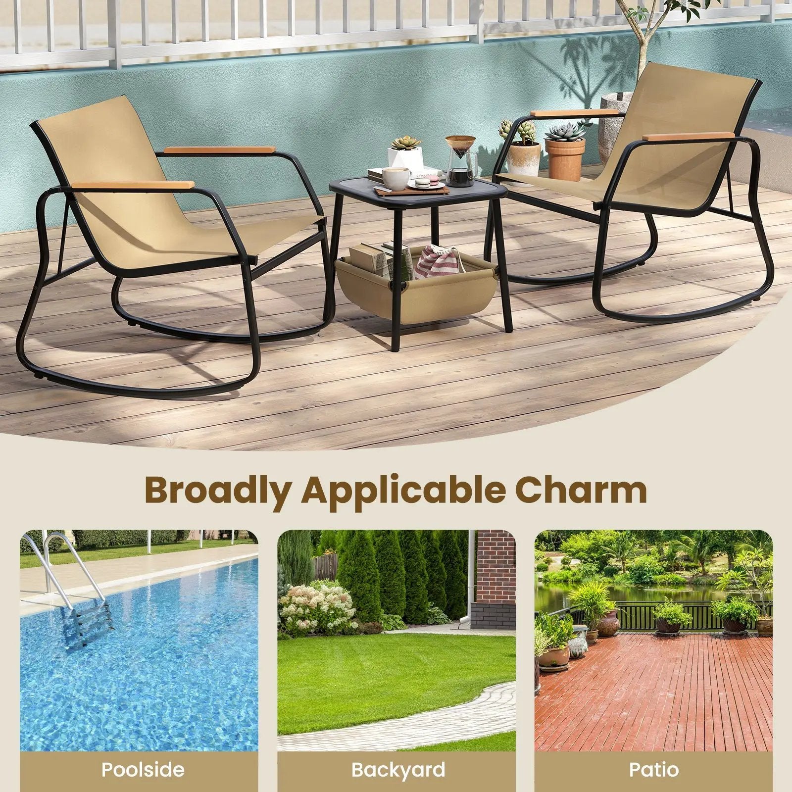 3 Piece Rocking Bistro Chairs and Side Table Set with Storage Bag-Brown by DirectDeals
