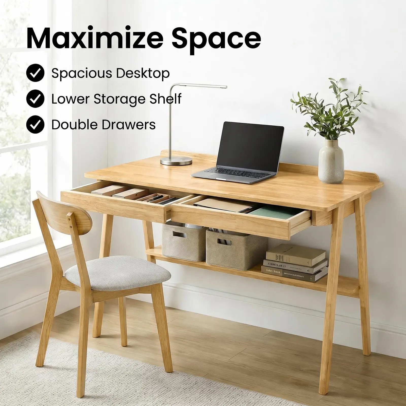 Solid Wood Writing Desk with 2 Drawers & Storage Shelf by HouseOfZazla