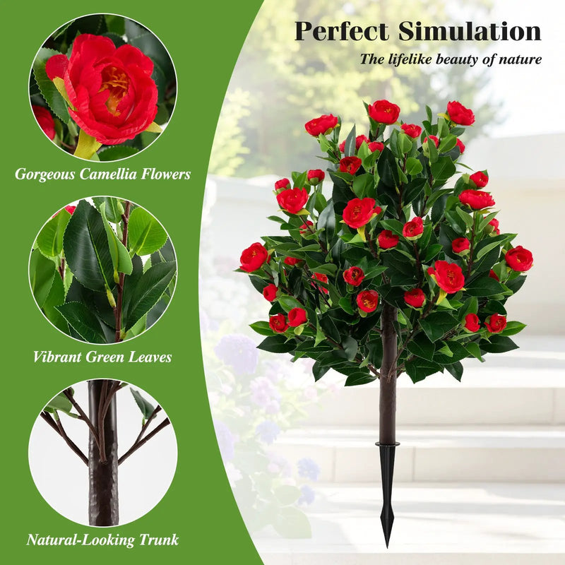 31 Inches Artificial Camellia Tree Set 2 Pack Fake Flower Trees-Green by DirectDeals