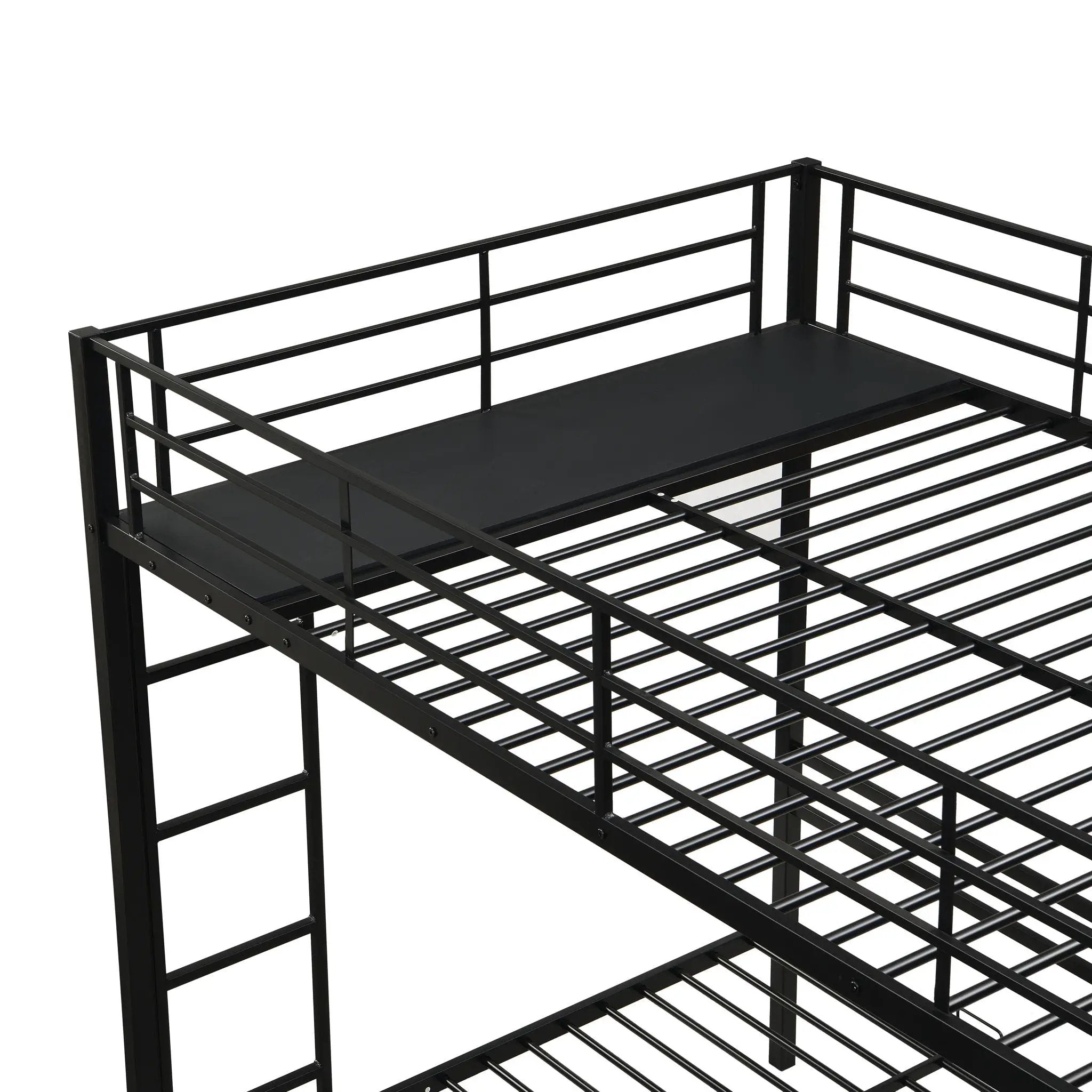 Modern Metal Triple Bunk Bed With Vertical Ladder, Safety Rail, And Storage Shelf - Black by HouseOfZazla