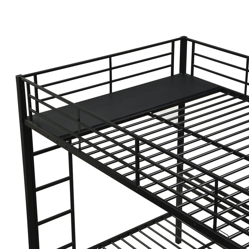 Modern Metal Triple Bunk Bed With Vertical Ladder, Safety Rail, And Storage Shelf - Black by HouseOfZazla
