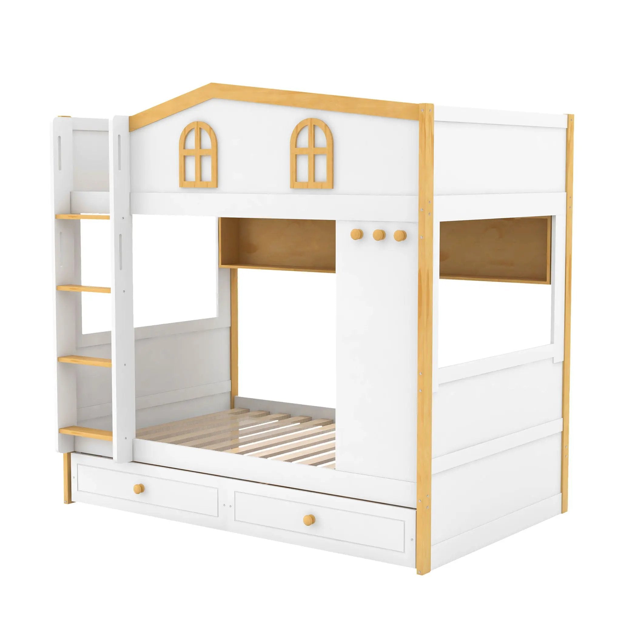 Twin Over Twin Bunk Bed With House Shaped Guardrails, Storage Shelves & Drawers - White / Natural by HouseOfZazla