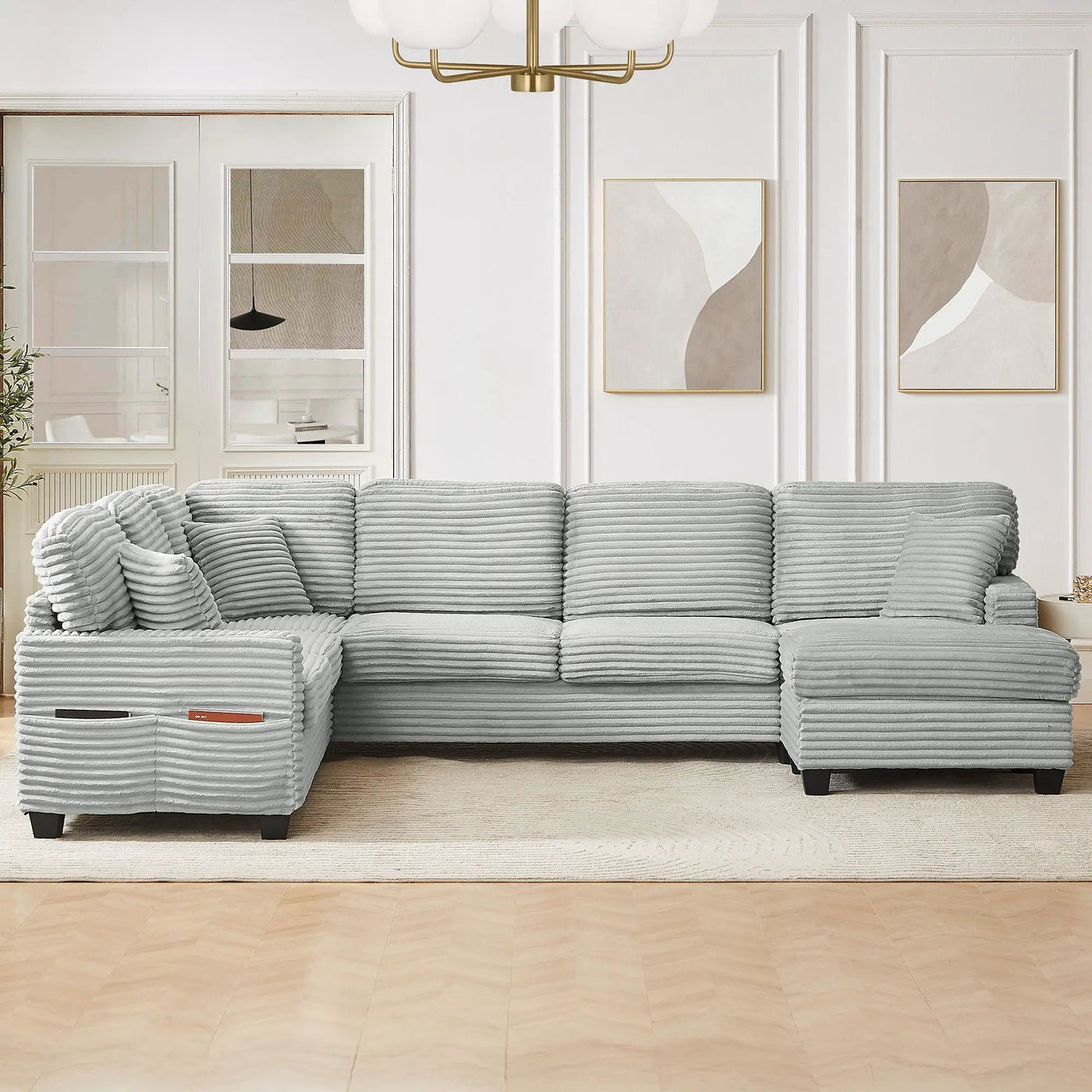 Upholstered U-Shaped Sectional Sofa With Movable Ottoman And Side Storage Pockets by HouseOfZazla