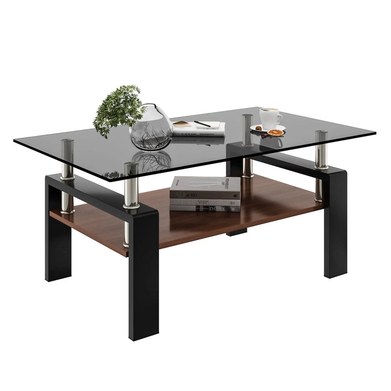 Modern Rectangular Coffee Table With Tempered Transparent Glass Top And Storage Shelf by Unique Piece Furniture