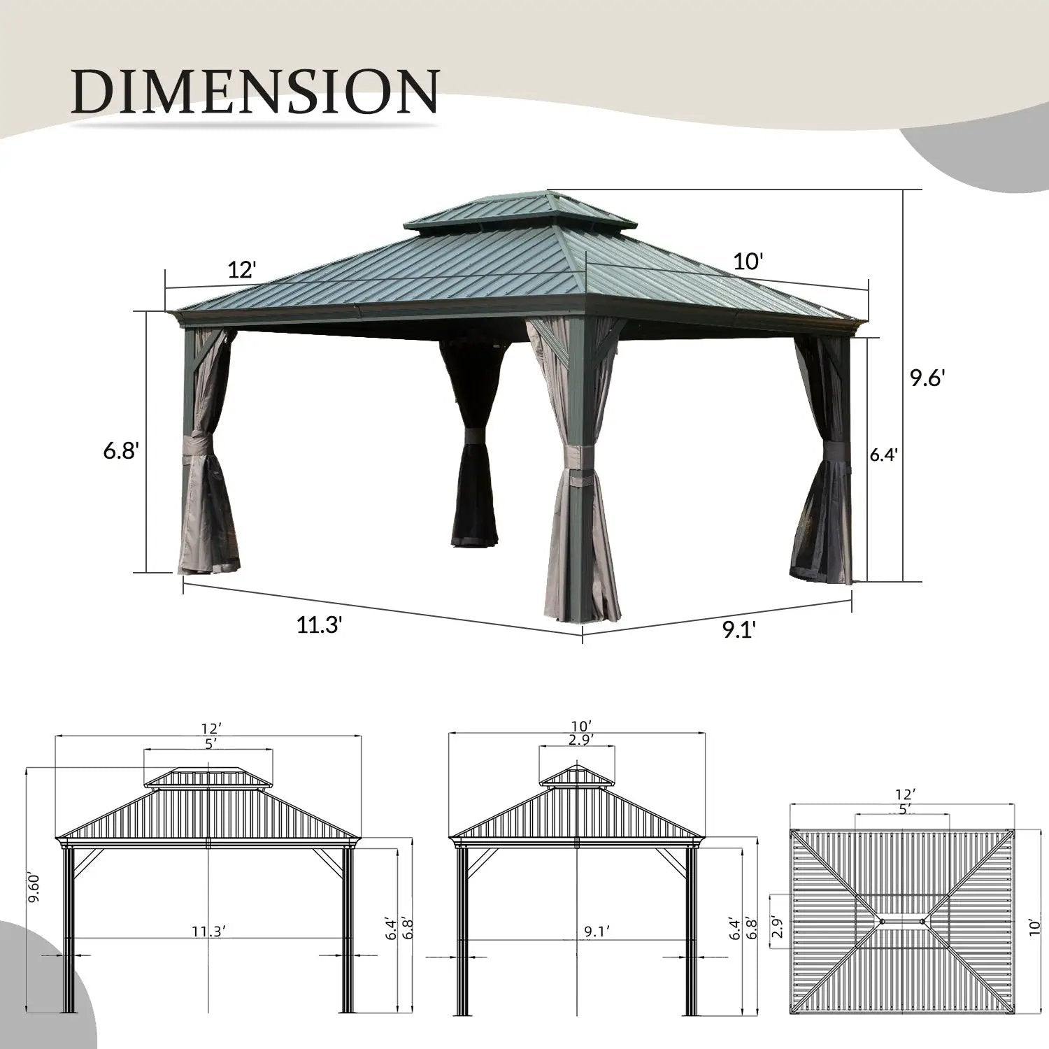 10' x 12' Hardtop Gazebo Outdoor Metal Gazebo with Galvanized Steel Double Roof Canopy, Aluminum Frame, Curtains and by HouseOfZazla