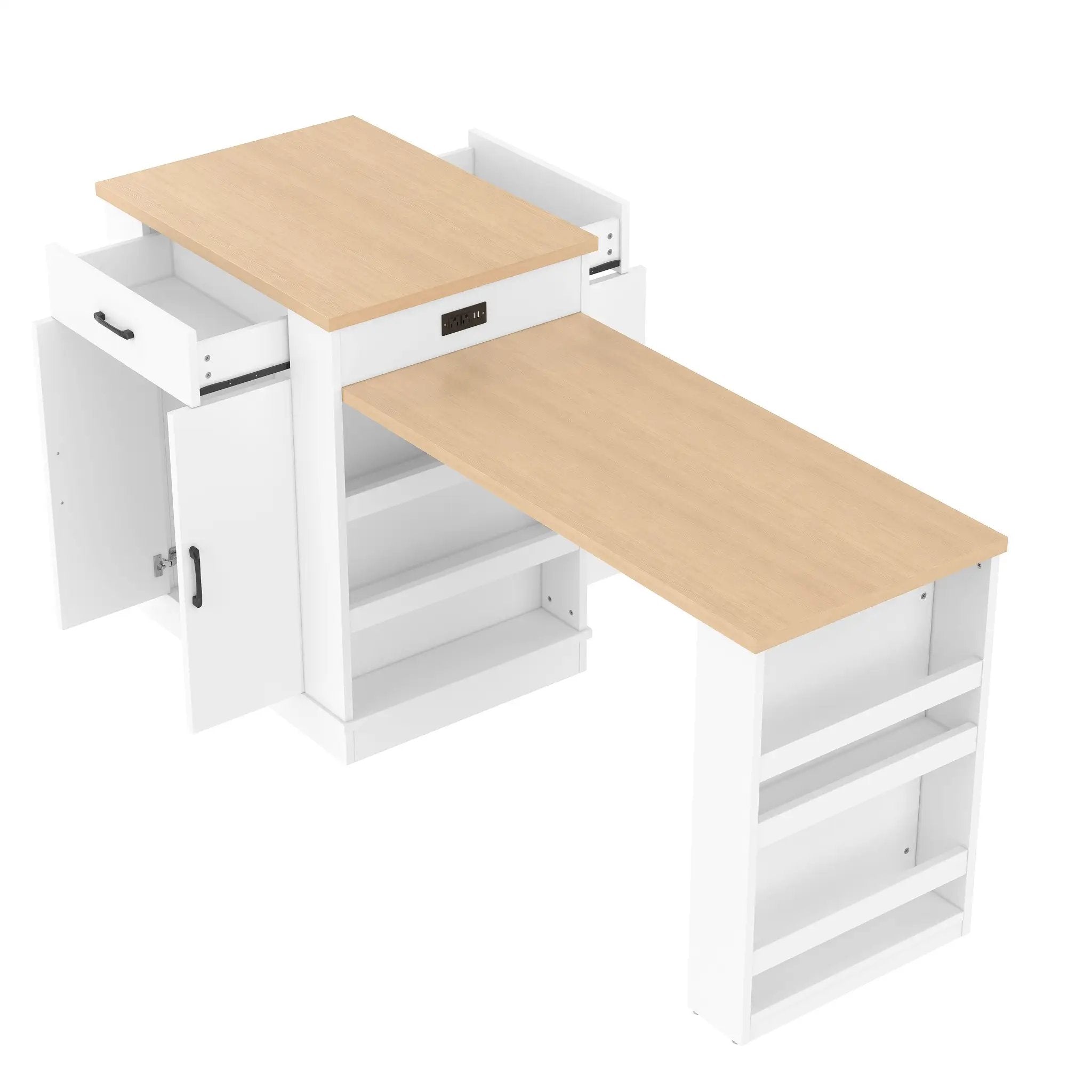 Extendable Island Console with Drawers, Double-Door Cabinet, and Open Shelving by HouseOfZazla