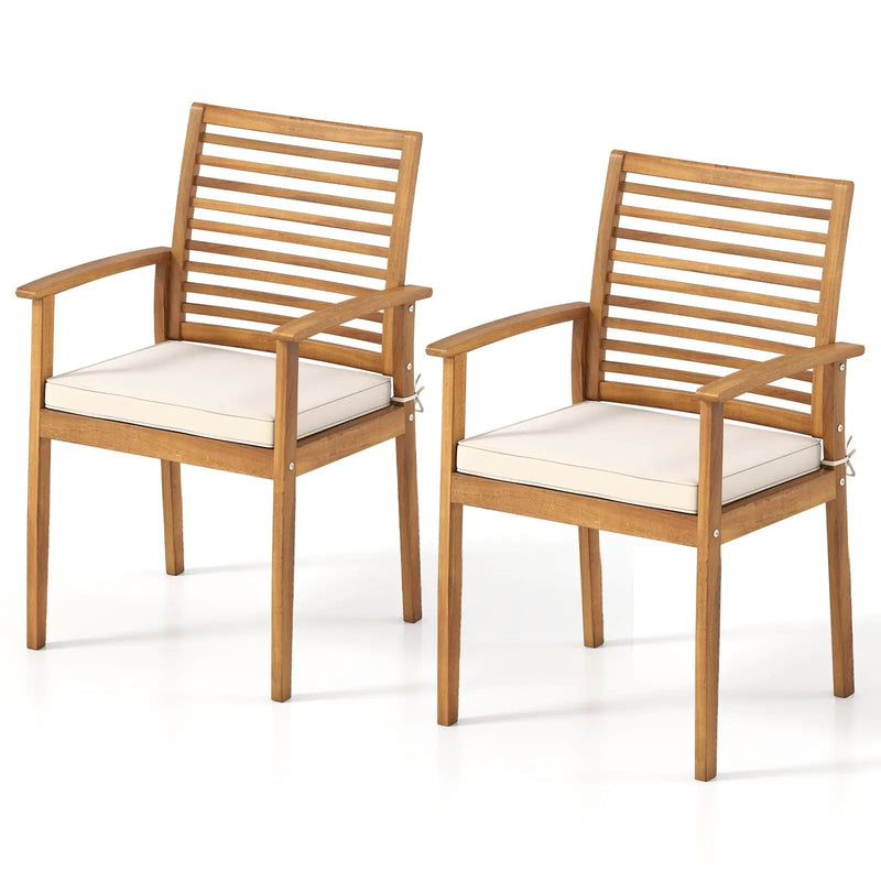 Outdoor Patio Dining Chairs Set of 2 with Removable Padded Cushion and Slatted Backrest-Beige by DirectDeals