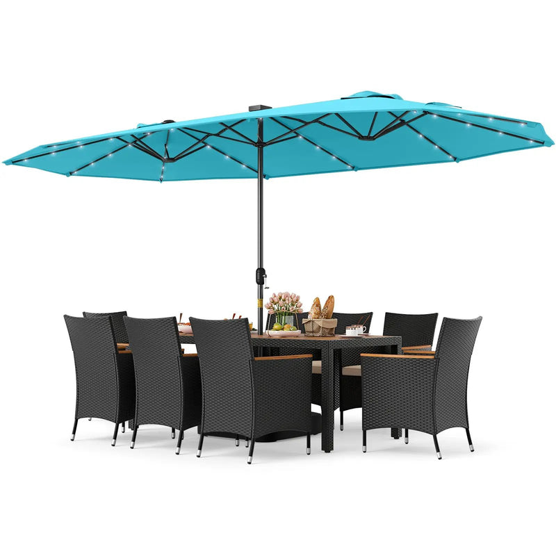 11 Pieces Patio Dining Set with LED Patio Umbrella with Base and Seat Cushions (Beige) by DirectDeals