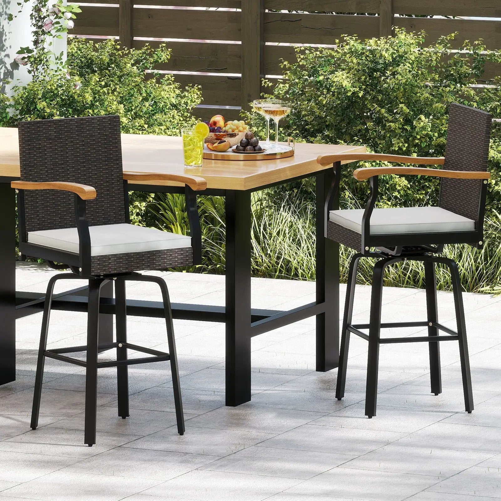 Set of 2 Outdoor 360¬∞ Swivel Bar Stool with Cushion and Acacia Wood Armrests by DirectDeals