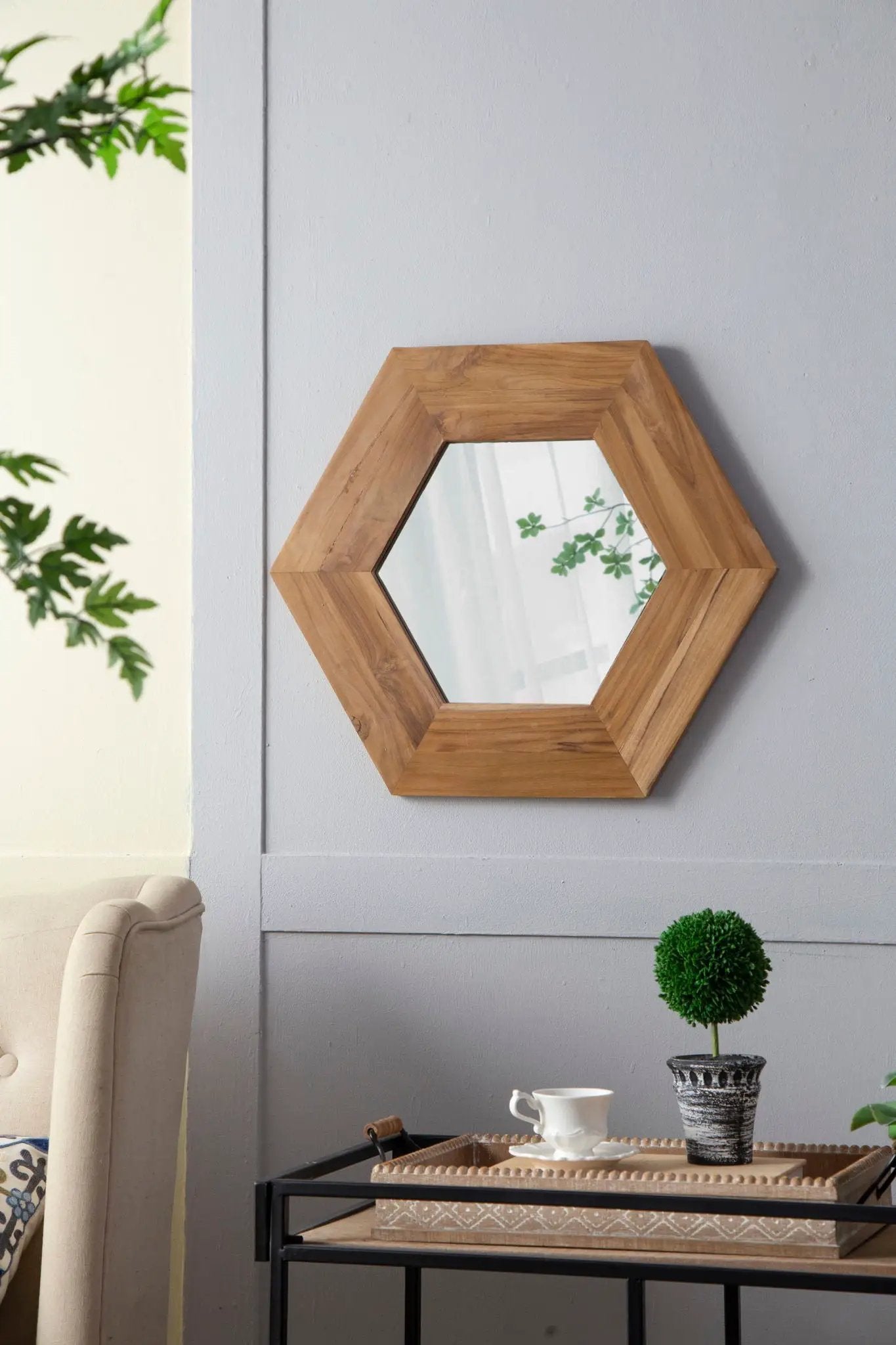 Hexagon Mirror With Natural Wood Frame, Wall Decor For Living Room Bathroom Hallway by Unique Piece Furniture