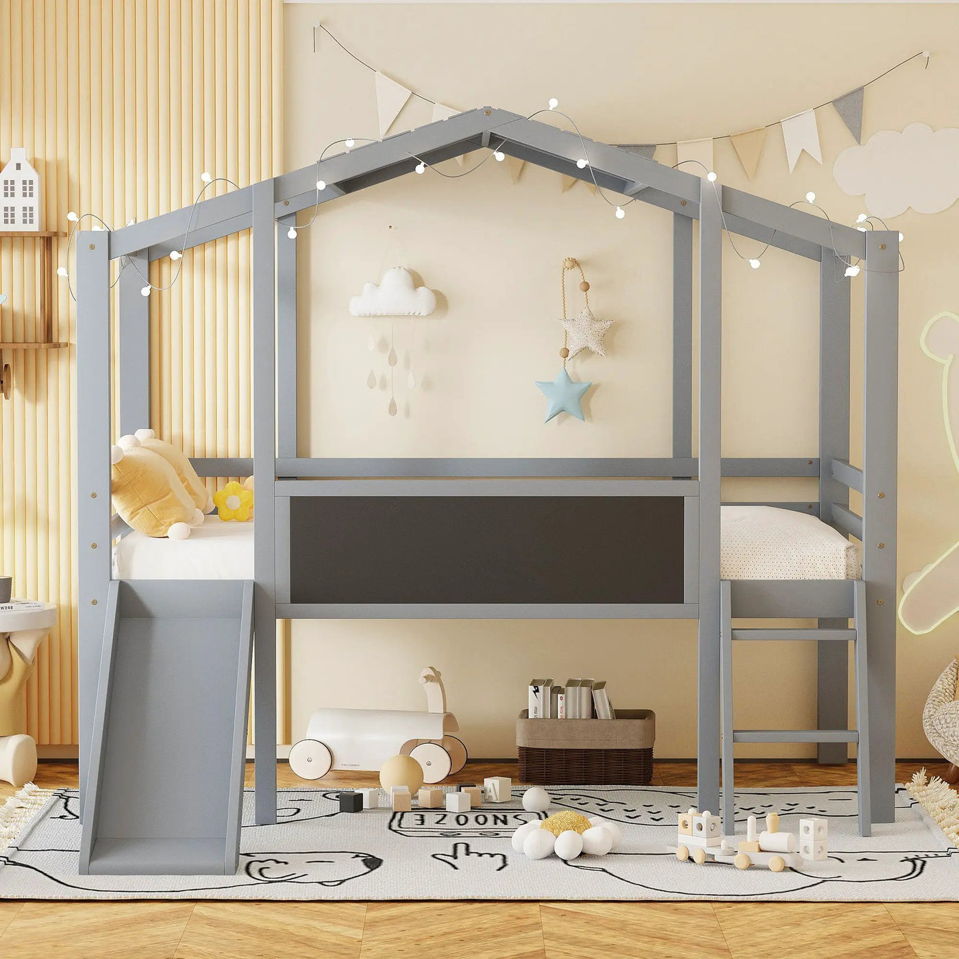 Loft House Bed With Ladder And Slide, With board And Light Strip On The Roof by Unique Piece Furniture