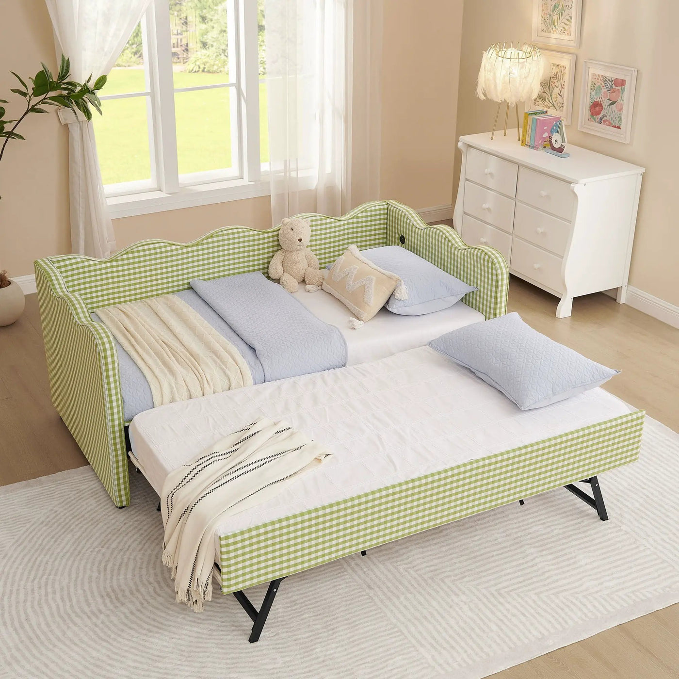 Gingham Daybed With USB Charging Port, Wave-Shaped Design by Unique Piece Furniture