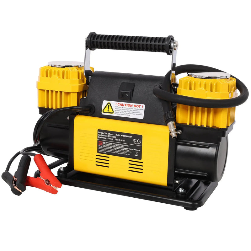 Heavy Duty 12V Dual Cylinder Air Compressor, Tire Inflator With Gauge - Yellow / Black by HouseOfZazla
