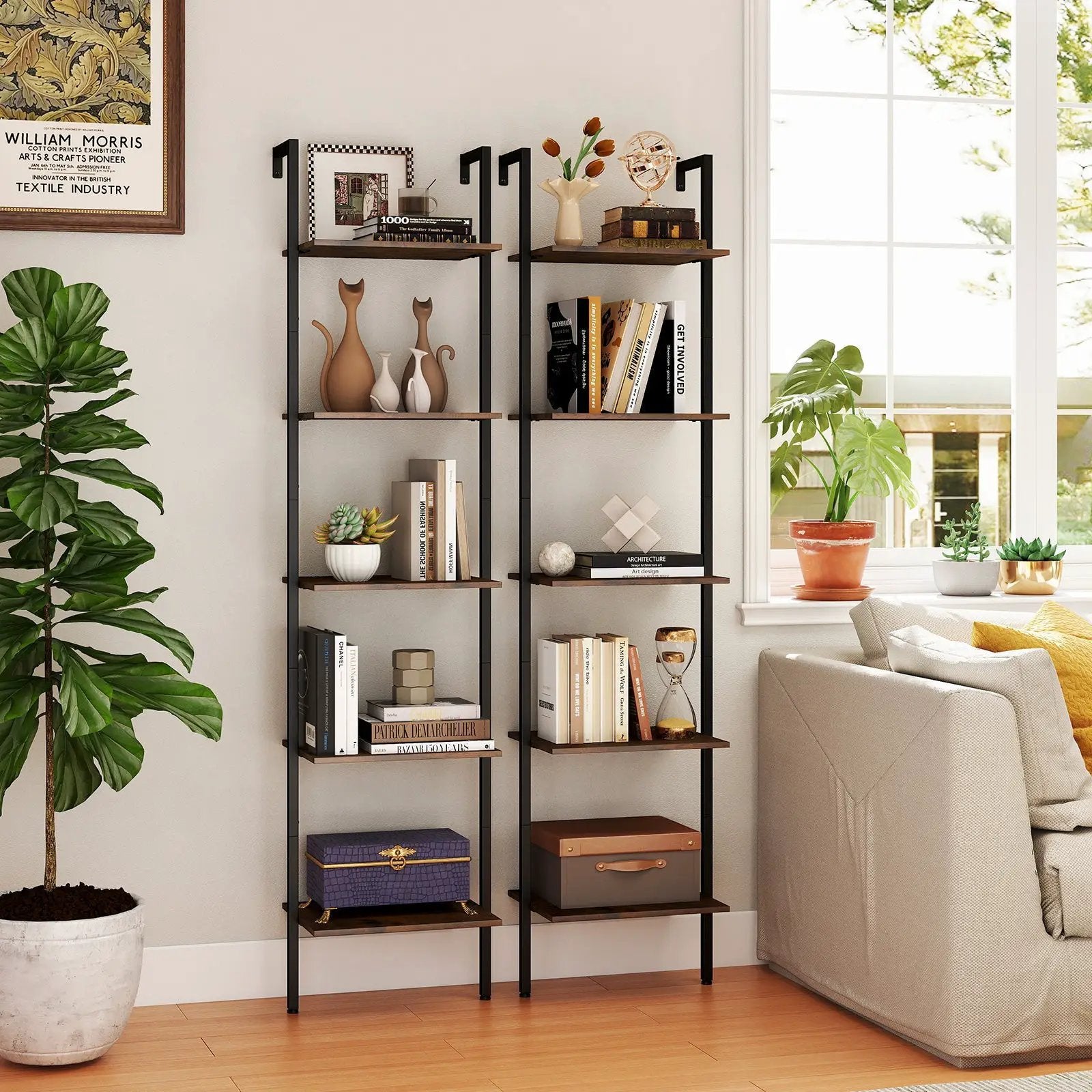 5 Tier Wall Mount Ladder Shelf with Anti-Tipping Kits for Home Office-Rustic Brown by DirectDeals