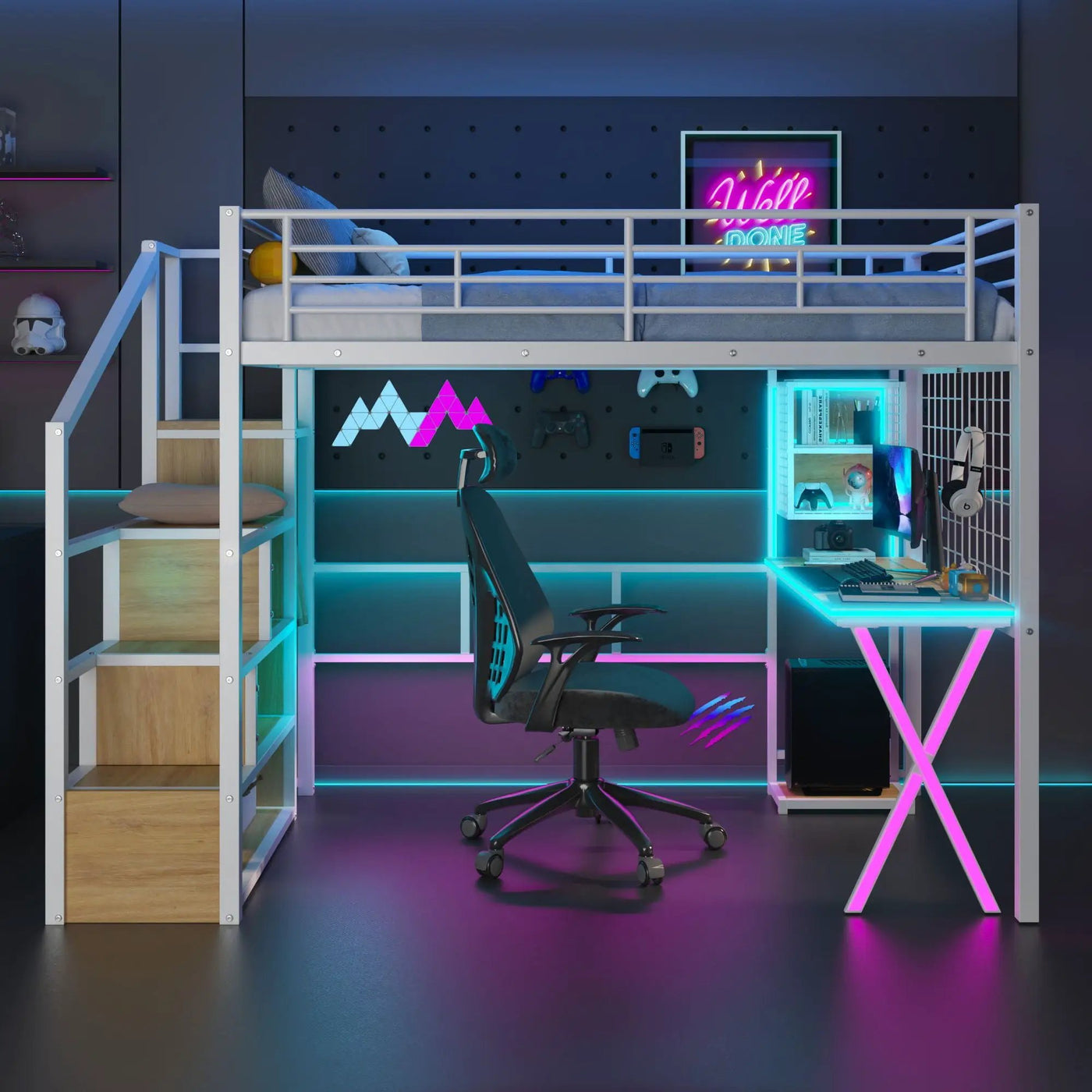 Loft Bed With Built In Work Station, Wardrobe, Storage Staircase And LED by HouseOfZazla