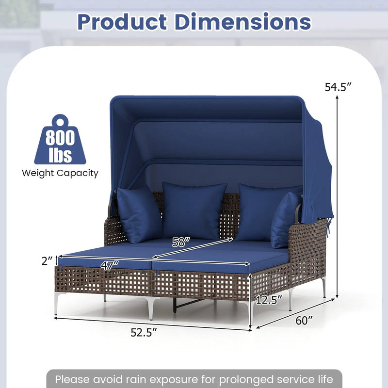 Outdoor Daybed with Retractable Canopy PE Wicker Rattan Patio Lounger by DirectDeals