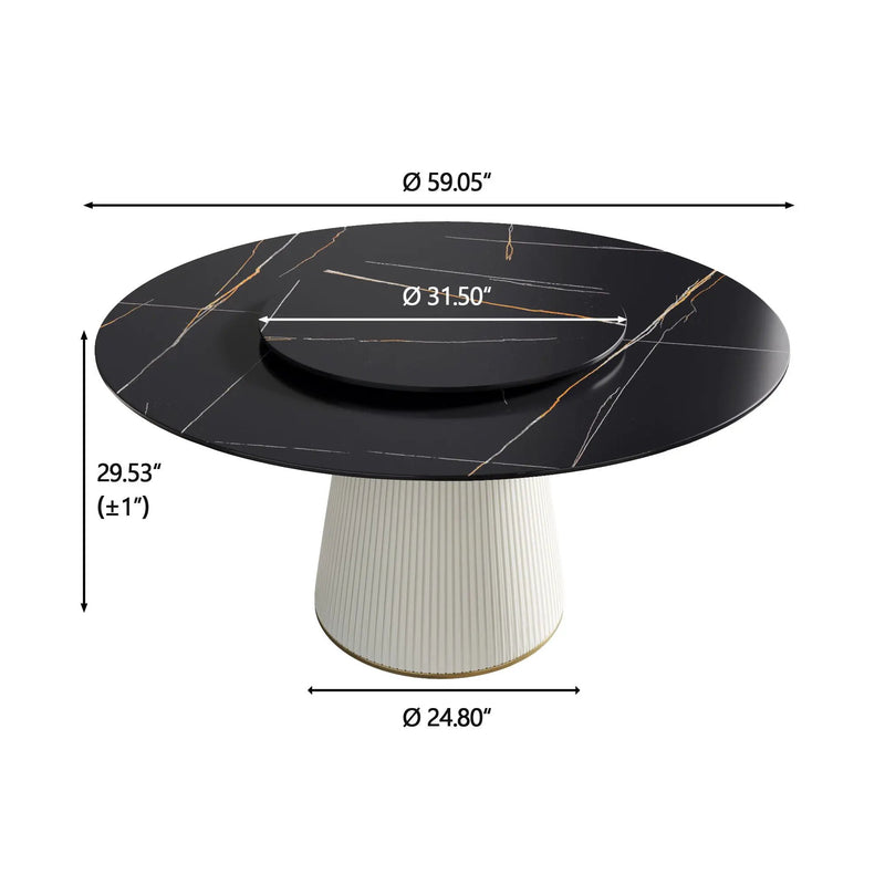 Modern Artificial Stone Round Plywood Base Dining Table, Can Accommodate 8 People Artificial Stone Turntable (Not Including Chairs) - Black / Beige by HouseOfZazla