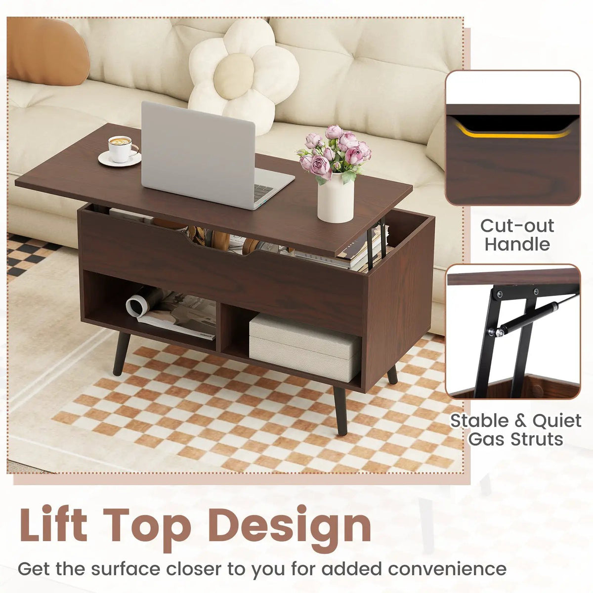 31.5 Inch Lift-Top Coffee Table with Hidden Storage and 2 Open Shelves, photo 26 of 40